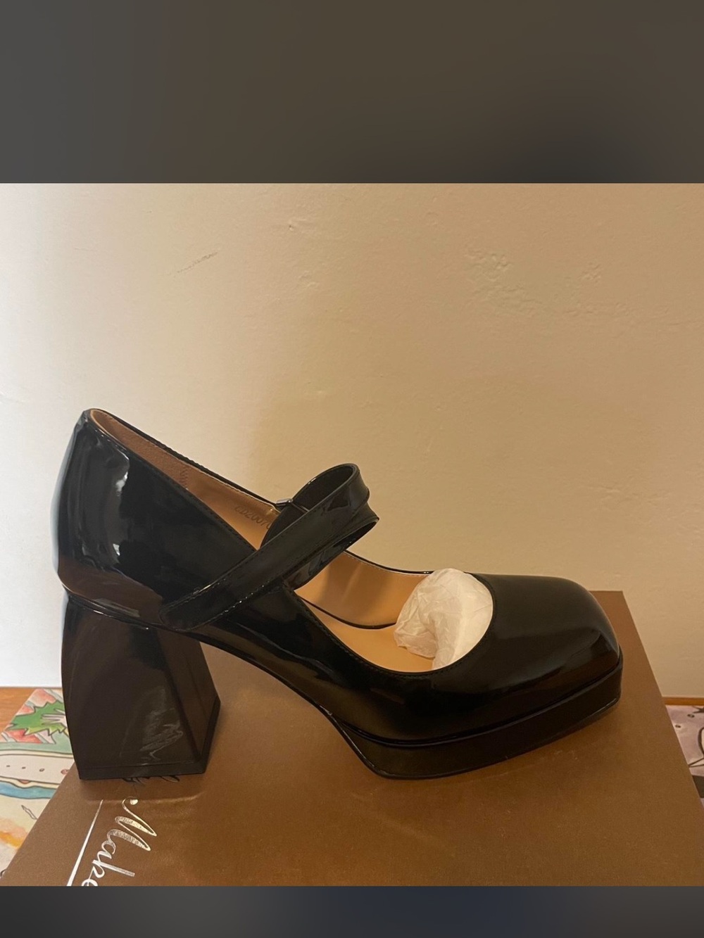 Black Patent Mary Jane Platform Heels with Block Heel